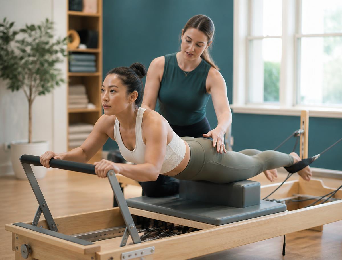 Aluna em exercício de Pilates no ClinFit